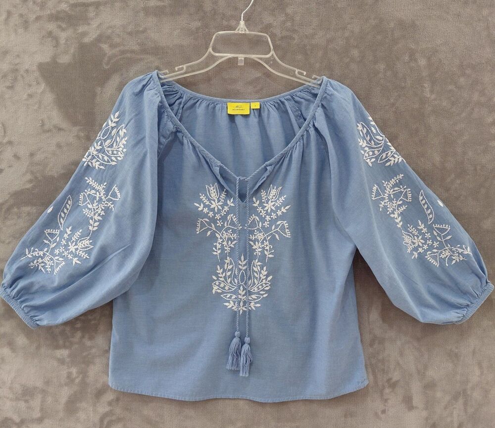 Roller Rabbit Embroidered Peasant Top Women's Small Boho Balloon Sleeves Tassels